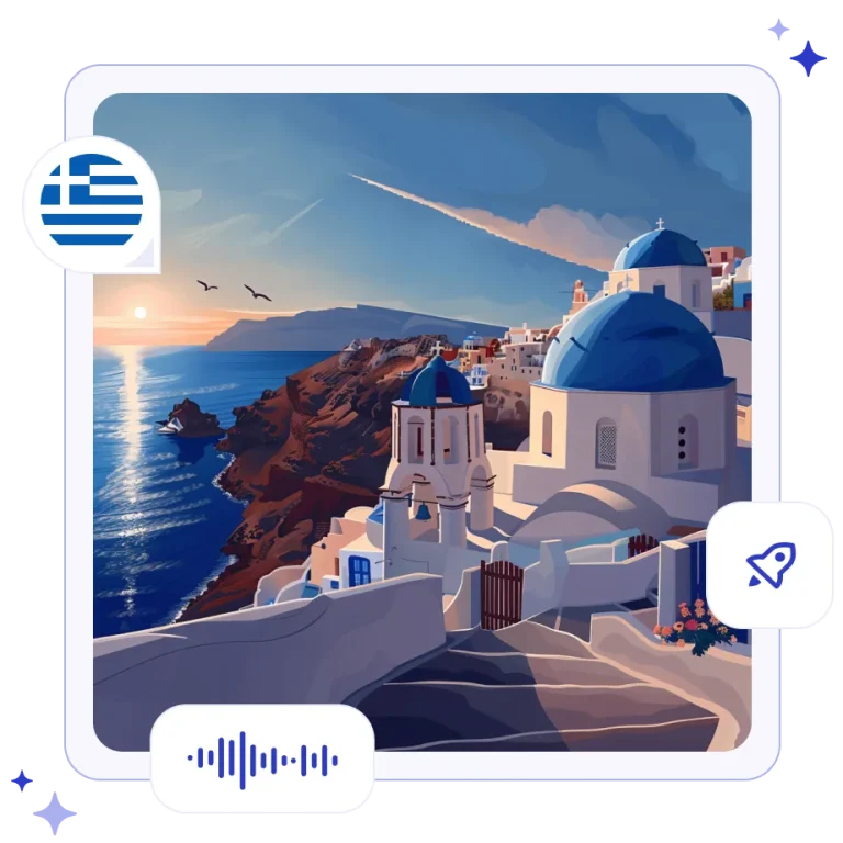 Brilliant white-washed houses with iconic blue domed roofs built into a steep volcanic cliffside in Santorini, Greece.