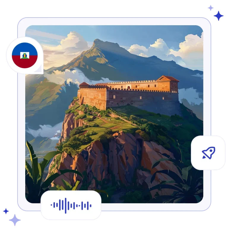 The massive stone walls of the historic Citadelle Laferrière fortress perched dramatically on a lush mountain peak in Haiti.