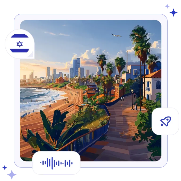 The vibrant, sunny coastline of Tel Aviv, Israel, featuring white Bauhaus architecture alongside the Mediterranean Sea.