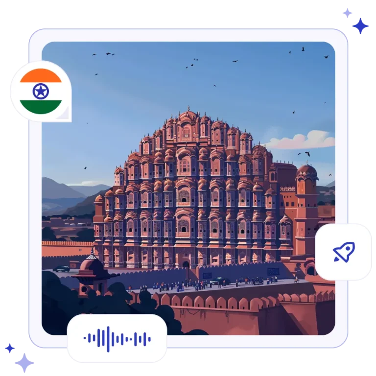 The intricate pink sandstone facade of the Hawa Mahal palace towering over a bustling street in Jaipur, India.