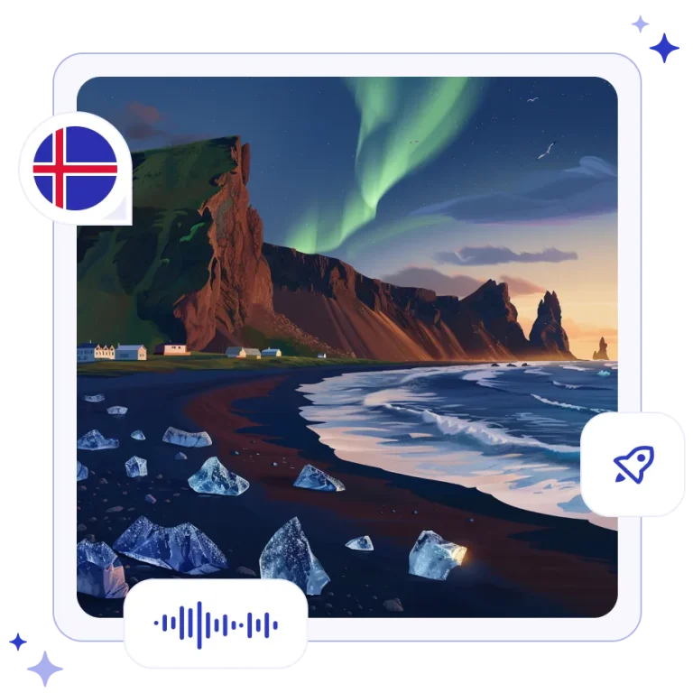 A black sand beach in Iceland with glowing glacial ice chunks, basalt rock columns, and the northern lights.