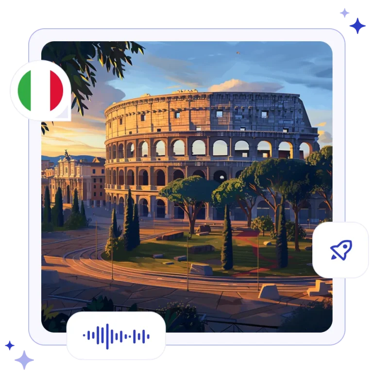 The ancient Roman Colosseum bathed in warm afternoon sunlight, surrounded by cobblestone paths and pine trees.