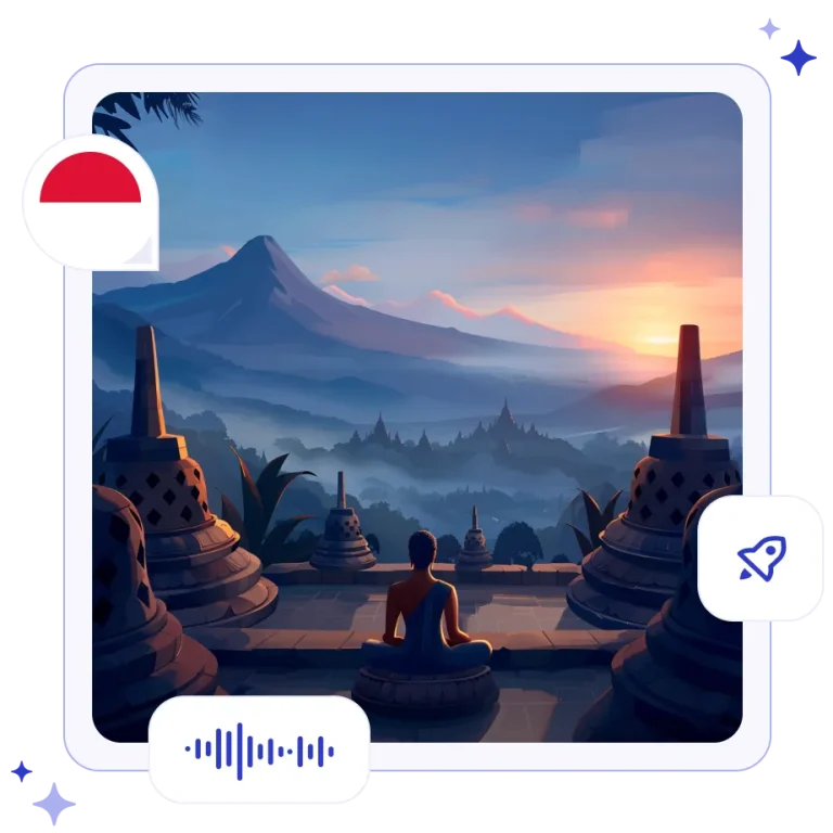 The ancient stone stupas of the Borobudur Temple in Java emerging from a thick morning mist at sunrise.