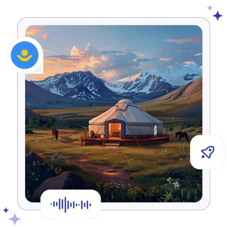 A traditional decorated Kazakh yurt glowing on the rolling green steppes near the snow-capped Tian Shan mountains.