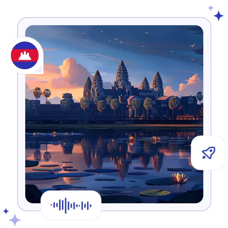 The ancient stone lotus-shaped spires of Angkor Wat reflecting in a calm, lily-filled pond during a vibrant sunrise.