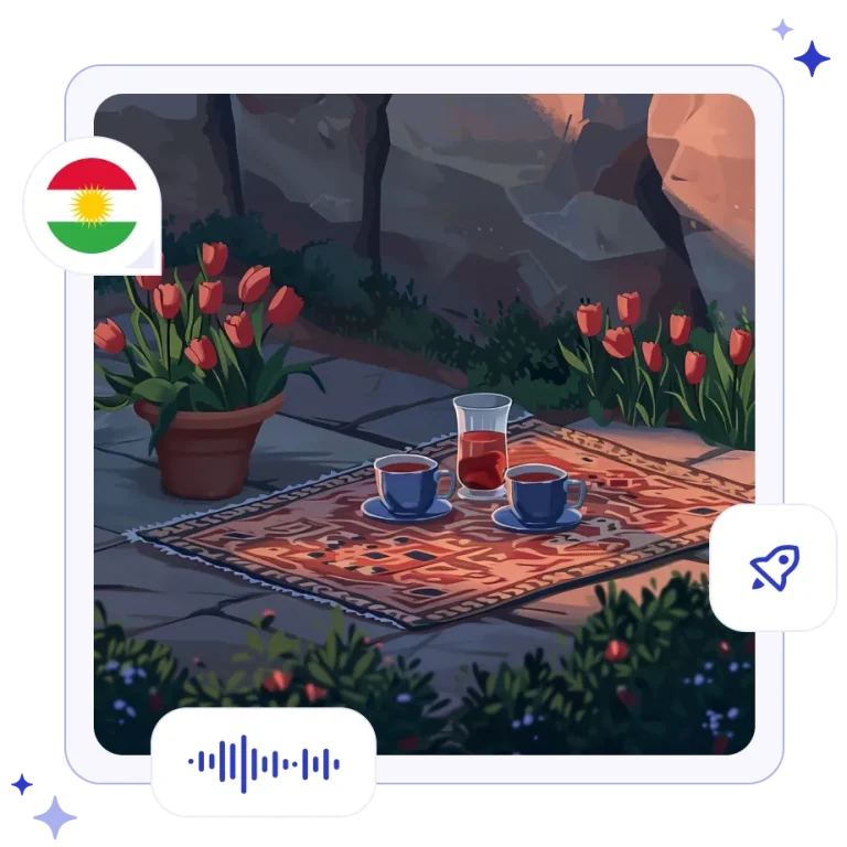 Delicate glass cups of red tea resting on a colorful geometric kilim rug in a blooming meadow in the Zagros Mountains.
