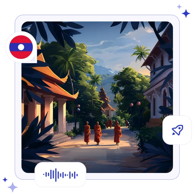 Buddhist temples surrounded by greenery and orange-robed monks walking in Luang Prabang, Laos.