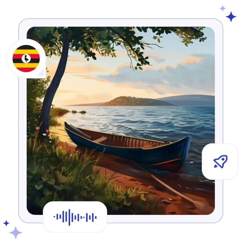 A traditional wooden fishing boat resting on the lush green shoreline of Lake Victoria in Uganda at sunrise.