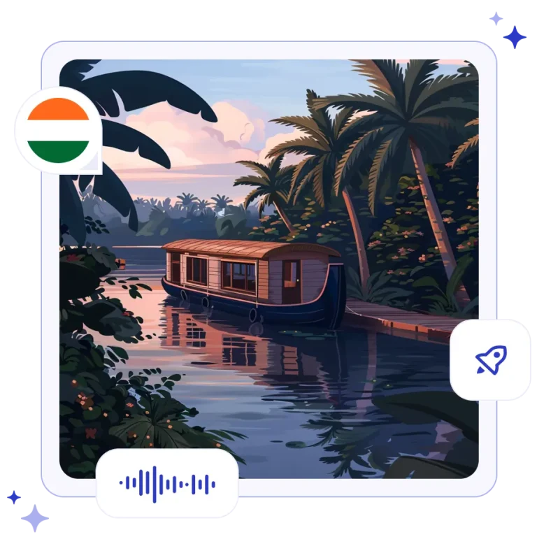A traditional wooden Kettuvallam houseboat floating down a calm canal lined with coconut palm trees in Kerala.