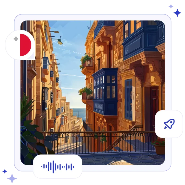 A historic golden-limestone cobblestone street in Valletta, Malta, lined with vibrant enclosed wooden balconies.