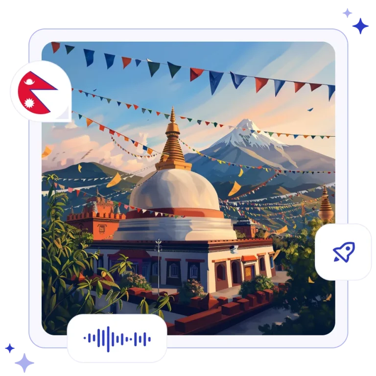 The giant white dome and golden spire of the Boudhanath Stupa in Kathmandu surrounded by colorful Tibetan prayer flags.