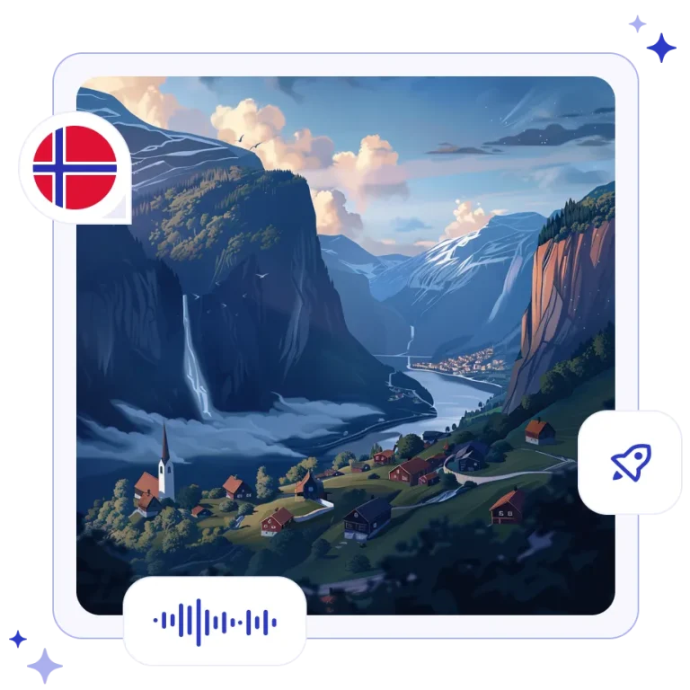 A dramatic Norwegian fjord with steep mountains, a cascading waterfall, and a historic wooden stave church.
