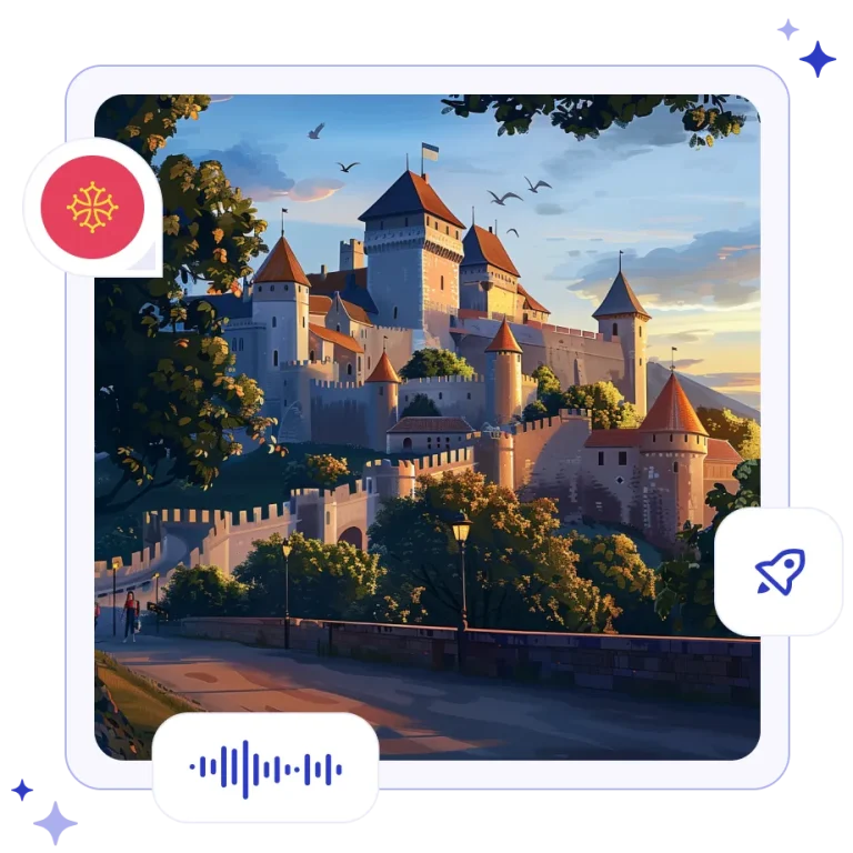 The ancient stone walls and towers of the medieval fortress city of Carcassonne in southern France glowing at sunset.
