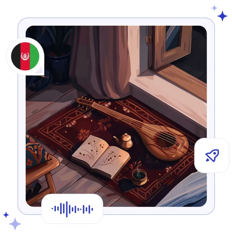 A traditional wooden Rubab instrument, an ornate brass teapot, and a book of poetry resting on an Afghan rug.