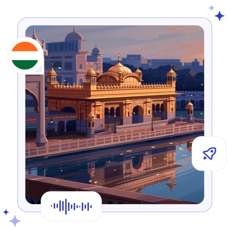 The gleaming gold architecture of the Golden Temple reflecting in the serene waters of the Amrit Sarovar pool in Amritsar.