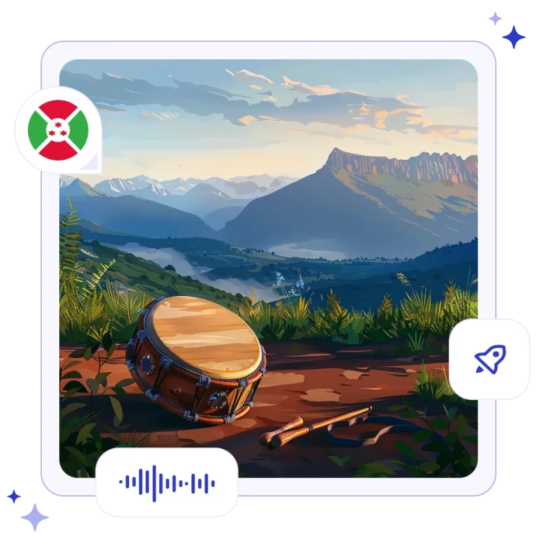 A traditionally carved wooden Karyenda drum resting on a hilltop, overlooking the rolling, mist-covered mountains of Burundi.