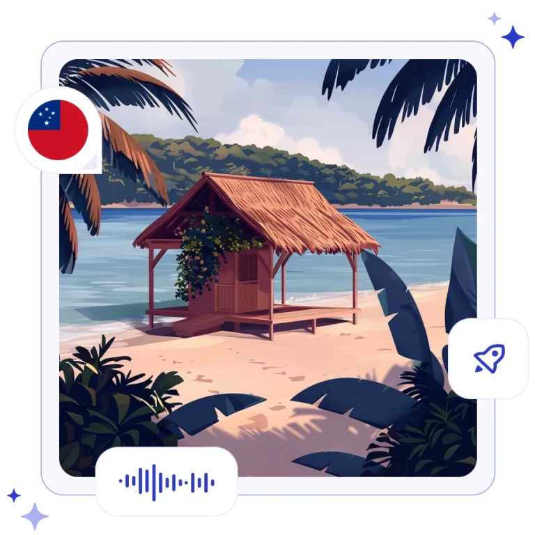 A traditional open-air Samoan Fale with a thatched roof sitting on a white-sand beach beside a turquoise lagoon.