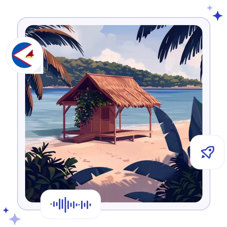 A traditional open-air Samoan Fale with a thatched roof sitting on a white-sand beach beside a turquoise lagoon.