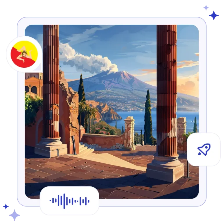 The ancient Greek stone columns of the Teatro Antico overlooking the Mediterranean Sea and Mount Etna in Sicily.