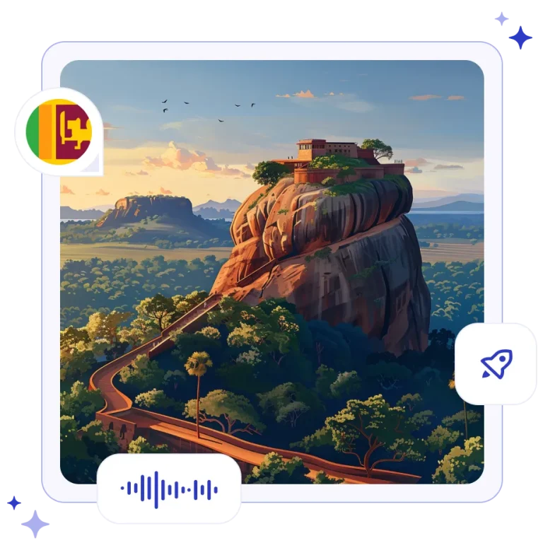 The ancient Sigiriya Rock Fortress rising dramatically out of a dense, lush green tropical jungle canopy in Sri Lanka.