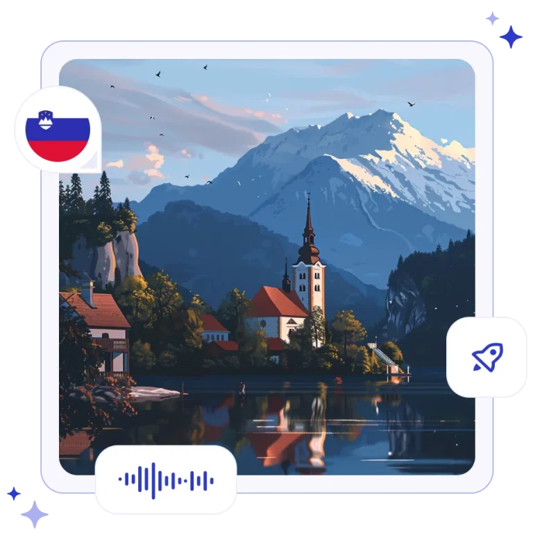 A picturesque island church in the middle of Lake Bled, Slovenia, surrounded by a cliffside castle and mountains.