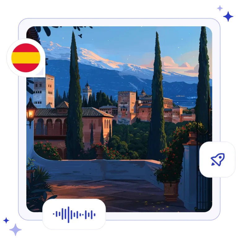 The Alhambra palace in Spain framed by tall cypress trees, with snow-capped mountains in the background and a Spanish flag icon.