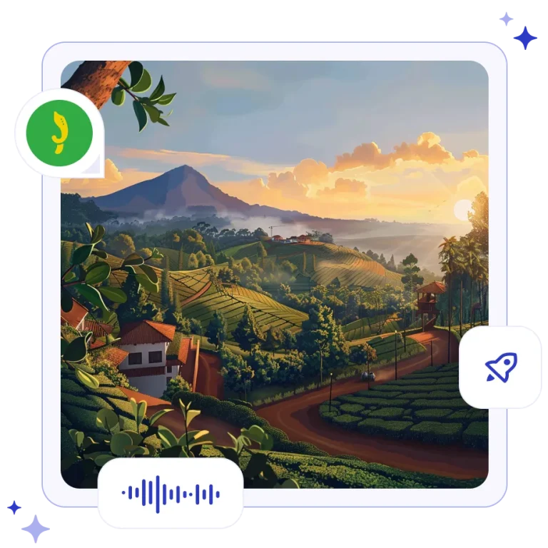 Lush, geometric emerald-green tea plantations rolling across the misty volcanic highlands of West Java, Indonesia.
