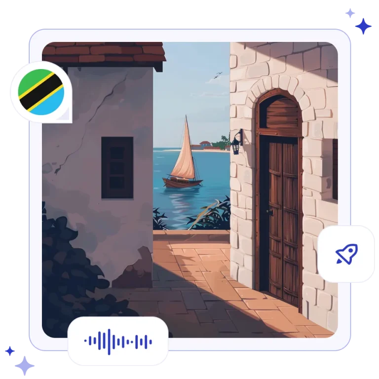 A sunlit coastal alleyway featuring a heavy, arched wooden door set into a stone wall, looking out toward the ocean where a traditional dhow boat is sailing, with the flag of Tanzania in the corner.