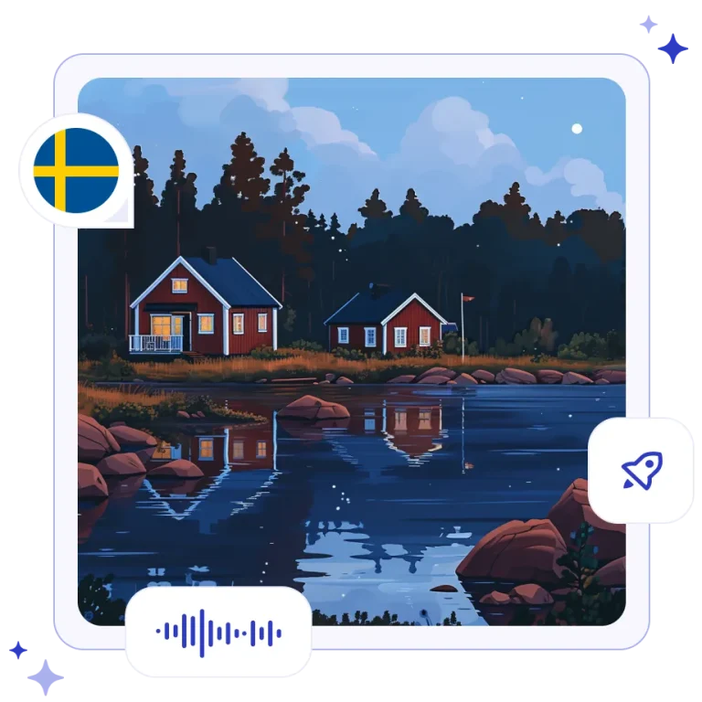 Classic Falu-red wooden cottages on the rocky shore of a serene Swedish archipelago under the midnight sun.
