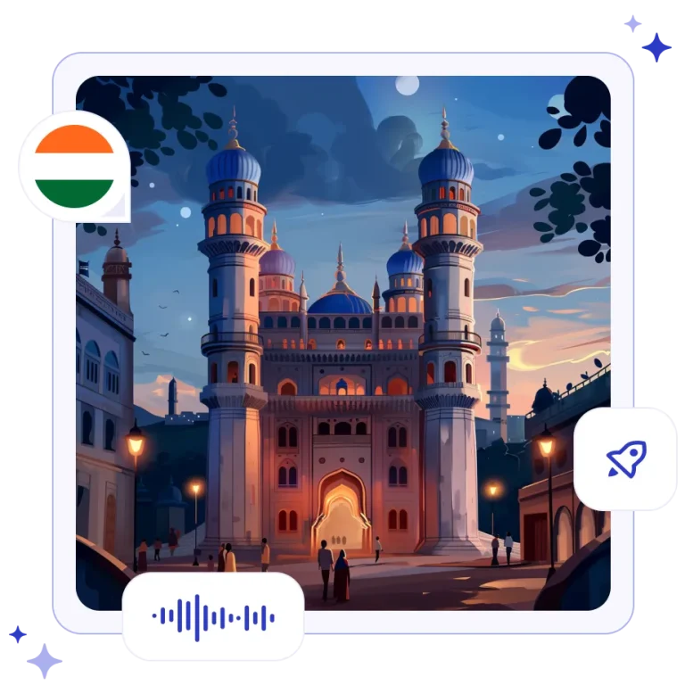 The historic, monumental Charminar with its four towering minarets glowing softly against a dusk sky in Hyderabad, India.