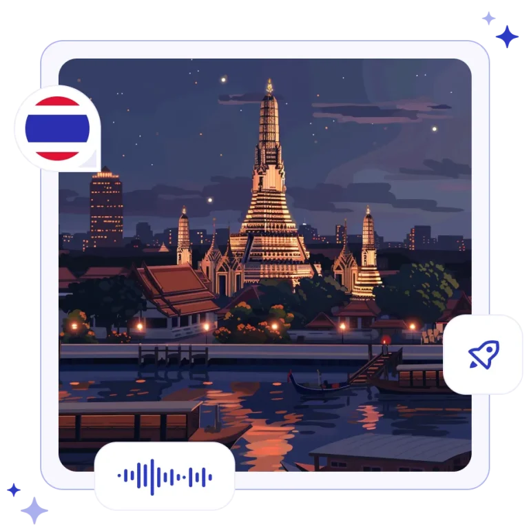 The intricately decorated Wat Arun temple illuminated at dusk on the banks of the Chao Phraya River in Bangkok.
