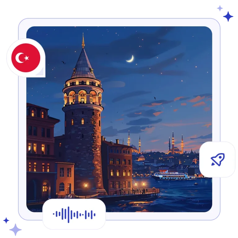 The historic stone cylinder of the Galata Tower beautifully illuminated at twilight, overlooking the bustling city of Istanbul and the sparkling waters of the Bosphorus Strait.