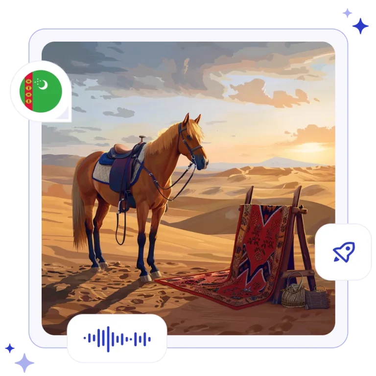 A majestic golden Akhal-Teke horse standing in the Karakum Desert beside a draped, deep red traditional Turkmen carpet.
