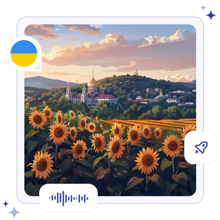 The golden-domed Kyiv Pechersk Lavra rising above a vibrant field of blooming yellow sunflowers in Ukraine.