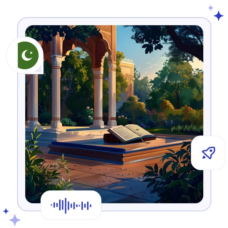 A classic Mughal-era marble pavilion in a peaceful garden, with an open book of classical poetry on a stand.