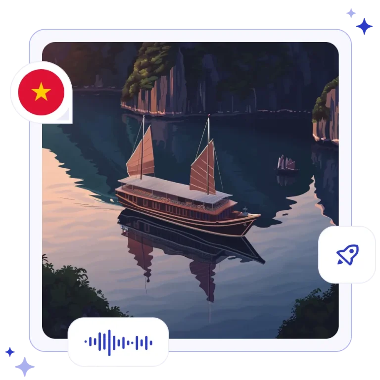 Towering green limestone karsts emerging from the calm waters of Halong Bay with a traditional wooden boat.