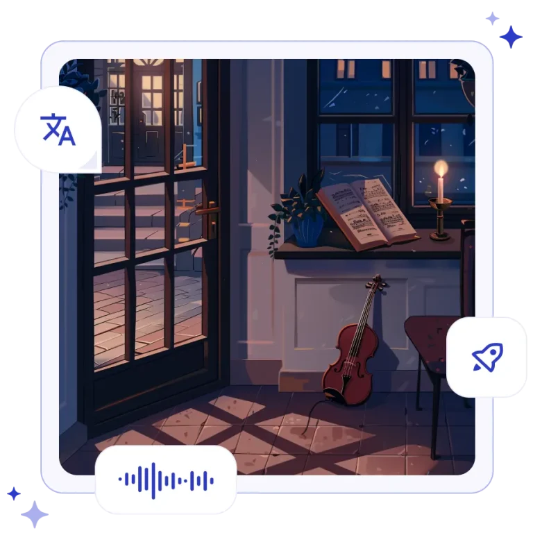 A vintage Yiddish book, a Menorah, and a wooden klezmer violin resting outside a glowing window in Krakow's Kazimierz district.