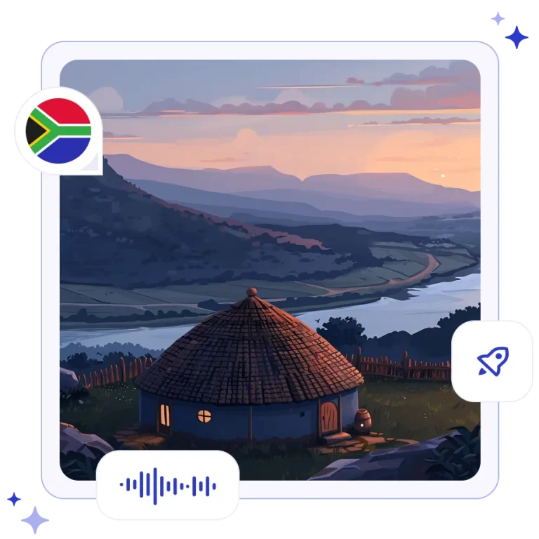 A traditional woven dome-shaped Zulu hut in the lush, rolling emerald-green Valley of a Thousand Hills in South Africa.